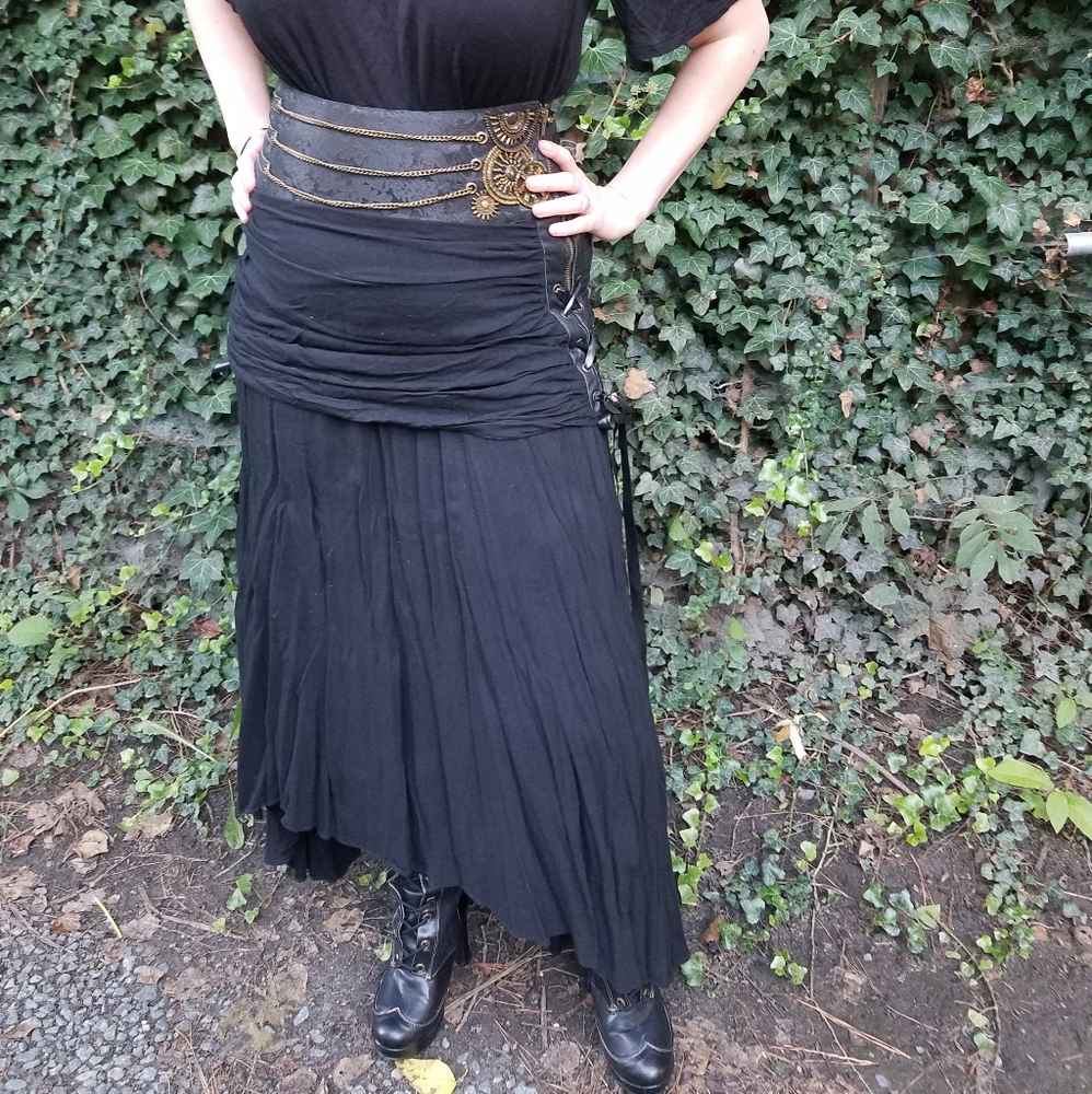Boho Black A-Line Maxi Skirt with Decorative Waistband
